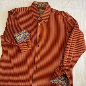 Robert Graham LS Orange Pinstripe Shirt Size Medium